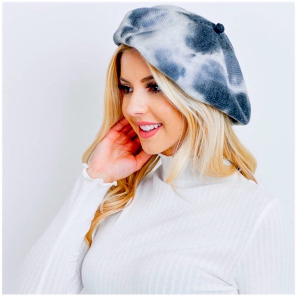 Butterfly Dsigns Navy Blue Tie Dye Beret Hat